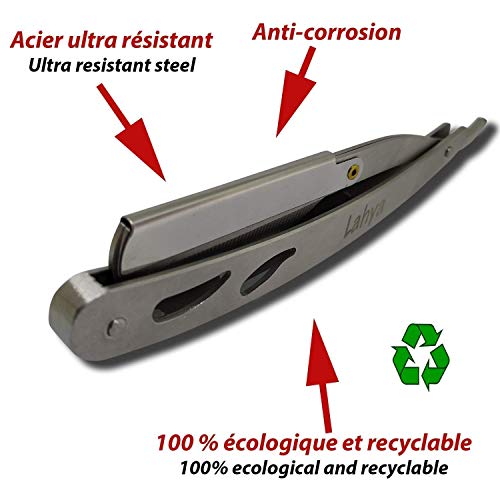 Navaja de afeitar de barbero Lahya - Navaja de barbero de calidad profesional con 10 cuchillas dobles (20 cuchillas simples). GRATIS: Estuche de cuero negro y manual del usuario en Ebook en español.