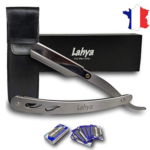 Navaja de afeitar de barbero Lahya - Navaja de barbero de calidad profesional con 10 cuchillas dobles (20 cuchillas simples). GRATIS: Estuche de cuero negro y manual del usuario en Ebook en español.
