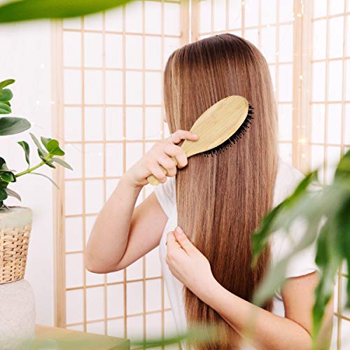 Navaris Cepillo de bambú para el pelo - Peine de madera con cerdas de jabalí para masaje capilar - Cepillo antiestático ovalado - Peine ecológico