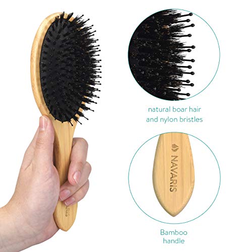 Navaris Cepillo de bambú para el pelo - Peine de madera con cerdas de jabalí para masaje capilar - Cepillo antiestático ovalado - Peine ecológico