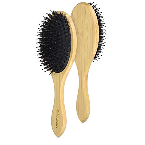 Navaris Cepillo de bambú para el pelo - Peine de madera con cerdas de jabalí para masaje capilar - Cepillo antiestático ovalado - Peine ecológico