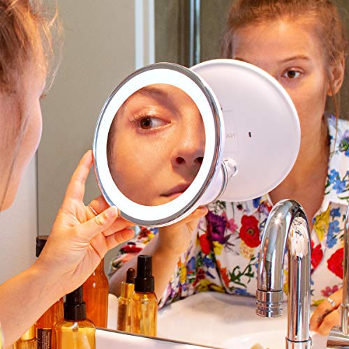 Navaris Espejo cosmético LED - Espejo con 10 aumentos - Espejo de Aumento para maquillarse con Giro de 360° - Espejo de baño en Blanco