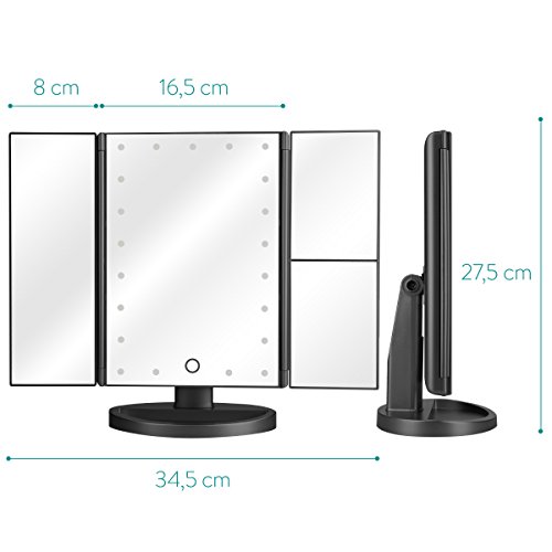 Navaris Espejo cosmético LED Plegable - Espejo tríptico de Maquillaje con iluminación - Espejo con Pliegues de aumentos 2X y 3X - en Negro