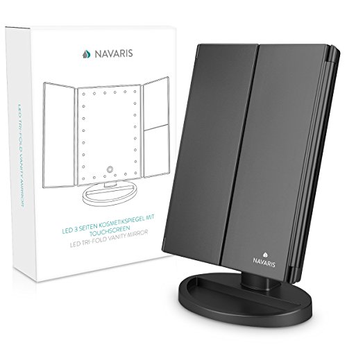 Navaris Espejo cosmético LED Plegable - Espejo tríptico de Maquillaje con iluminación - Espejo con Pliegues de aumentos 2X y 3X - en Negro