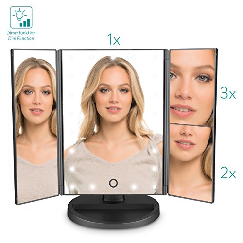 Navaris Espejo cosmético LED Plegable - Espejo tríptico de Maquillaje con iluminación - Espejo con Pliegues de aumentos 2X y 3X - en Negro