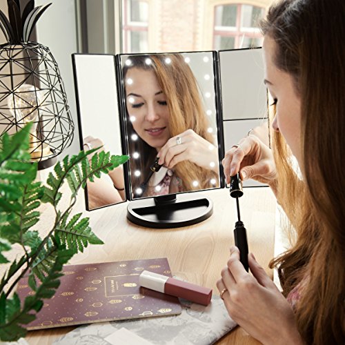 Navaris Espejo cosmético LED Plegable - Espejo tríptico de Maquillaje con iluminación - Espejo con Pliegues de aumentos 2X y 3X - en Negro