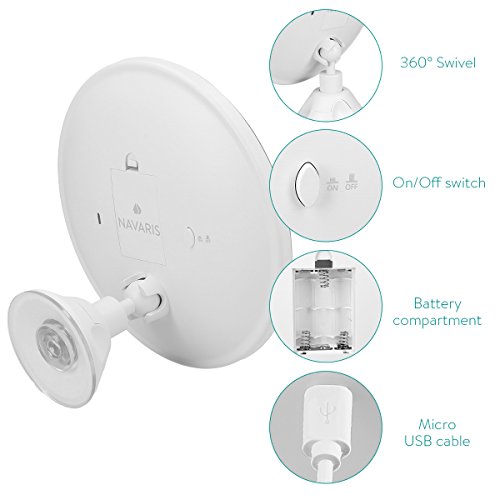 Navaris Espejo de Aumento x7 con luz - Espejo con Ventosa e iluminación LED - Giratorio y Ajustable 360° - Espejo de Maquillaje y depilación