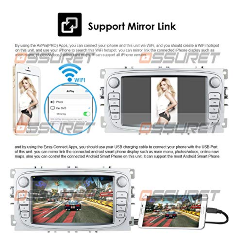 Navegación GPS para Coche con Android 10 Compatible con Ford Mondeo Focus S-MAX C-MAX Galaxy Kuga Transit Connect Soporte Control del Volante Bluetooth Mirror-Link Radio FM (Plata)