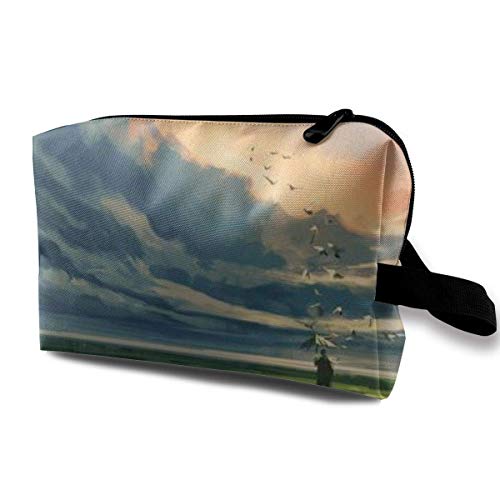 Neceser de maquillaje para hombre que sostiene paraguas de pie en el prado nublado bolsa multifuncional kit de viaje bolsa bolsa de almacenamiento