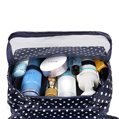Neceser de viaje para colgar en el baño, organizador de maquillaje y cosméticos, para mujeres y niñas, resistente al agua Azul lunares Tamaño libre