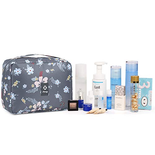 Neceser de viaje para colgar en el baño, organizador de maquillaje y cosméticos, para mujeres y niñas, resistente al agua Gris Nueva Flor Oscura Tamaño libre