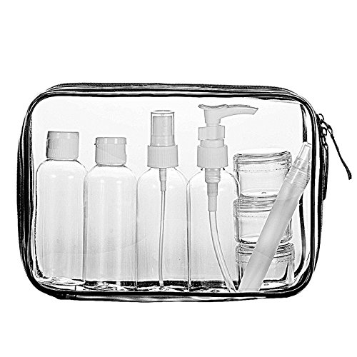 Neceser Transparente, LUZWAY Bolsa de Cosméticos Impermeable, Bolsa de Aseo Claro PVC + 8 Botellas de Viaje (MAX.100ml), Transporte de Líquidos en Avión para Mujer y Hombre Color Negro