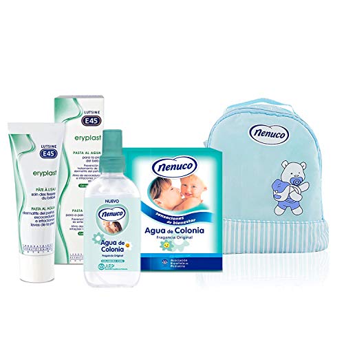 Nenuco Pack Regalo Bebé Mochila de Paseo Azul con Colonia Nenuco de Cristal + Colonia Spray 240ml + Crema Pañal Eryplast 200ml