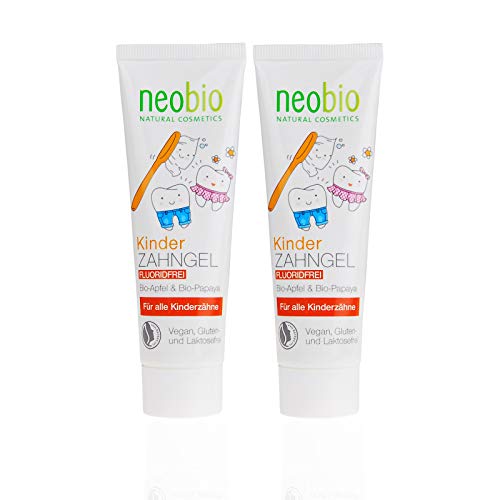 NEOBIO - Gel dental para niños (2 x 50 ml) sin fluoruro, con manzana ecológica y papaya, pasta de dientes ecológica, vegano, sin fluoruro, cosmética natural