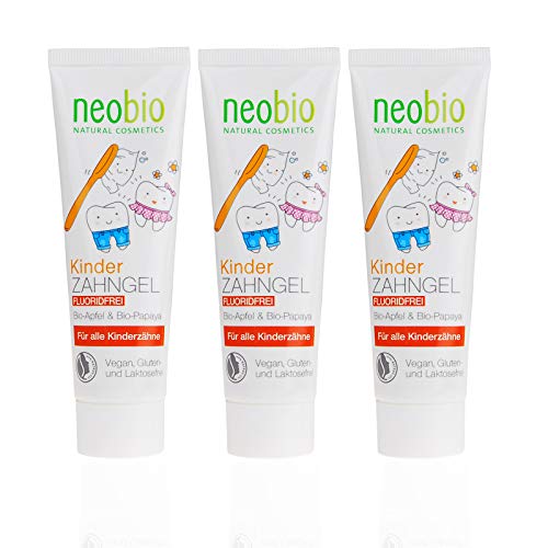 NEOBIO - Gel dental para niños (3 x 50 ml) sin fluoruro, con manzana ecológica y papaya, pasta de dientes ecológica, vegano, sin fluoruro, cosmética natural