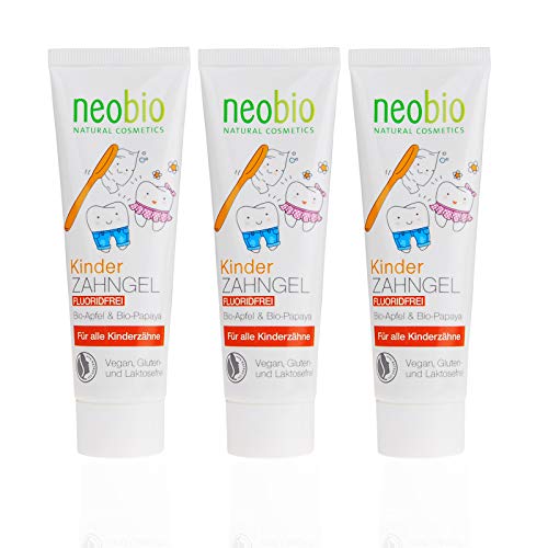 NEOBIO - Gel dental para niños (3 x 50 ml) sin fluoruro, con manzana ecológica y papaya, pasta de dientes ecológica, vegano, sin fluoruro, cosmética natural