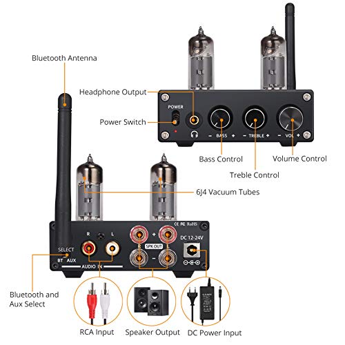 Neoteck Amplificador de Audio Estéreo Bluetooth 4.2 Amplificador de Auriculares con Tubos de Vacío 6J4 Certificado aptX HiFi Amplificador de Potencia Digital 50W x 2 para Altavoces Domésticos