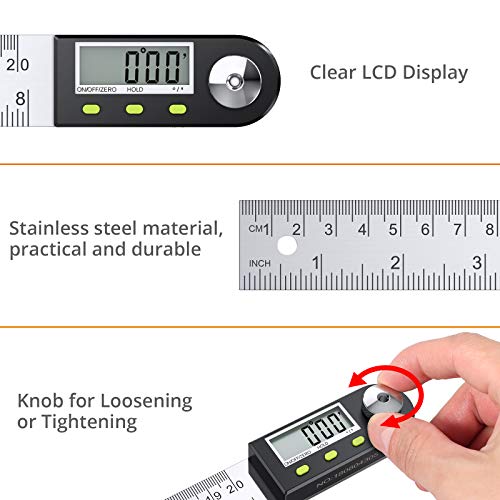 Neoteck Medidor de Ángulos Digital Inclinómetro de Ángulos 0-200 mm HOLD Transportador de de Acero Inoxidable con Puesta a Cero Reinicio de la Pantalla LCD Regla del Nivel de Alcohol Electrónico
