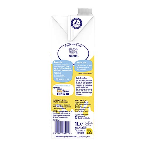 Nestlé Junior 1+ Cereales - Leche para niños a partir de 1 año - 6x1L, sin aceite de palma