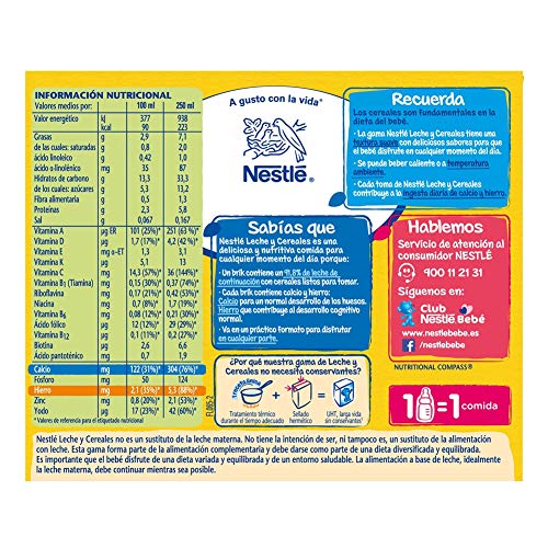 Nestlé Leche y Cereales Sin gluten - Alimento Para bebés - Paquete de 6x2 unidades de 250ml