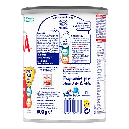 Nestlé NIDINA 1 - Leche para lactantes en polvo - Fórmula para bebés - Desde el primer día - pack de 3 latas x800 gr - Total: 2400 gr