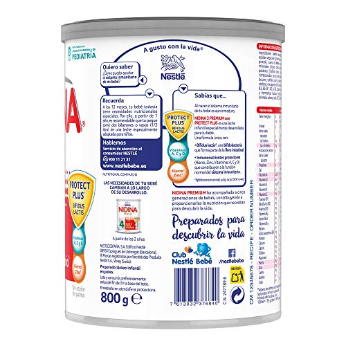 Nestlé NIDINA 3 Leche de crecimiento en polvo, formula infantil, a partir de los 12 meses - 800 gr