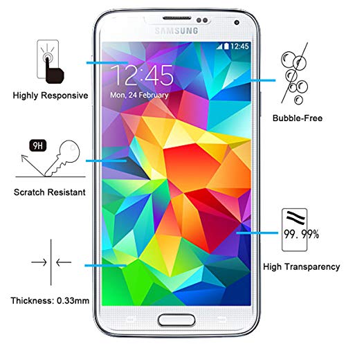 NEW'C 2 Unidades, Protector de Pantalla para Samsung Galaxy S5, Antiarañazos, Antihuellas, Sin Burbujas, Dureza 9H, 0.33 mm Ultra Transparente, Vidrio Templado Ultra Resistente