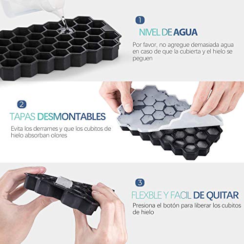 Newdora 3pcs Cubitera Hielo Moldes para Cubitos de Hielo Molde, Silicona Sin BPA Bandeja de Hielo con Tapa para Congelarse Alimentos para Bebés,Cola,Cócteles,Whisky, Negro
