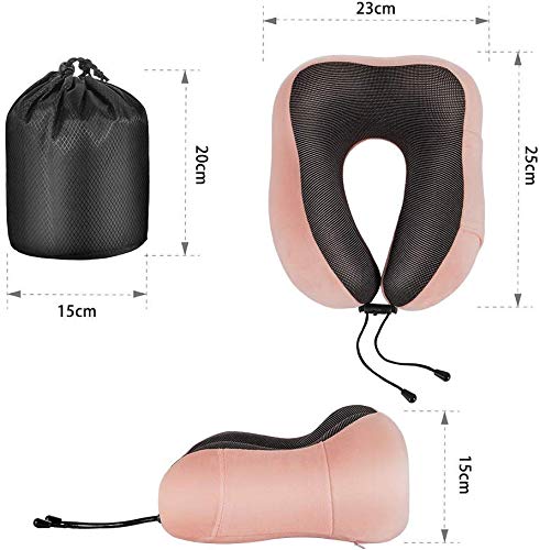 Newdora Almohada de Viaje Viscoelástica de Espuma de Memoria, Almohada de Cuello, Almohadas de Acampada, Almohada Ortopédica Cervica, Soporte de Cuello, con Máscara de Ojos y Tapones, Rosa