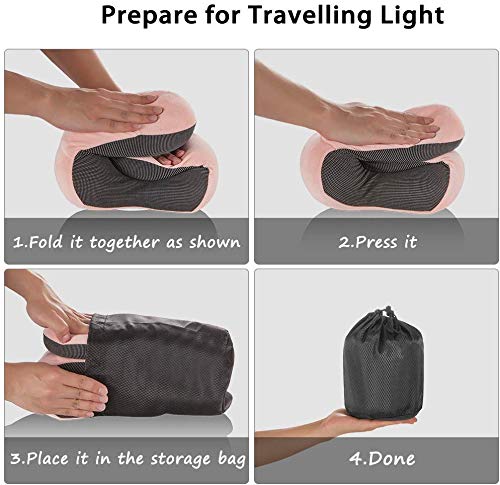 Newdora Almohada de Viaje Viscoelástica de Espuma de Memoria, Almohada de Cuello, Almohadas de Acampada, Almohada Ortopédica Cervica, Soporte de Cuello, con Máscara de Ojos y Tapones, Rosa