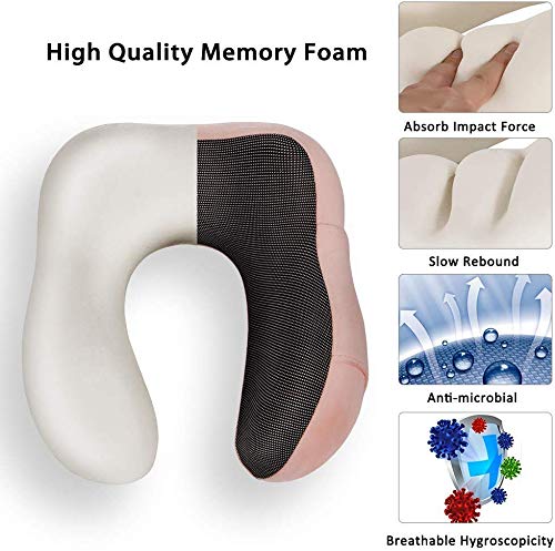 Newdora Almohada de Viaje Viscoelástica de Espuma de Memoria, Almohada de Cuello, Almohadas de Acampada, Almohada Ortopédica Cervica, Soporte de Cuello, con Máscara de Ojos y Tapones, Rosa