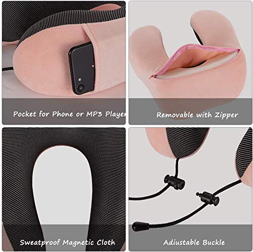 Newdora Almohada de Viaje Viscoelástica de Espuma de Memoria, Almohada de Cuello, Almohadas de Acampada, Almohada Ortopédica Cervica, Soporte de Cuello, con Máscara de Ojos y Tapones, Rosa