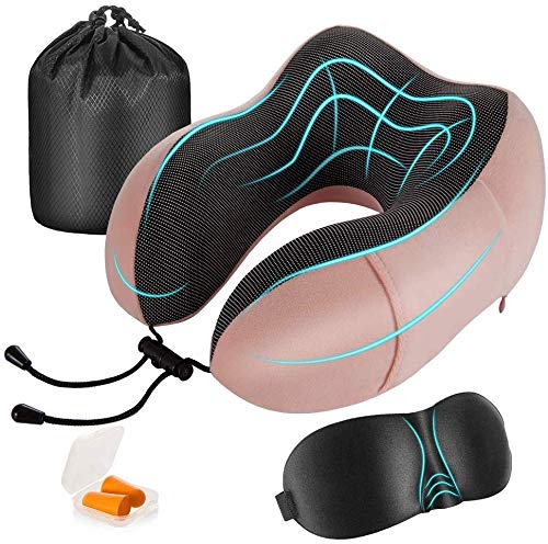 Newdora Almohada de Viaje Viscoelástica de Espuma de Memoria, Almohada de Cuello, Almohadas de Acampada, Almohada Ortopédica Cervica, Soporte de Cuello, con Máscara de Ojos y Tapones, Rosa