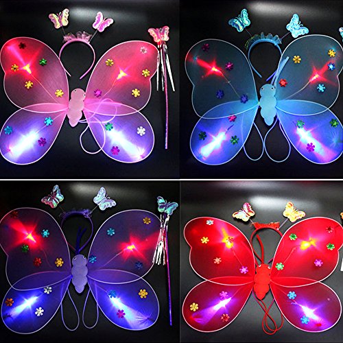 Newin Star Vestido de mariposa, luz de mariposa de ala de Ángel de LED brillent en la magia negra con el diadema y la baqueta de varita, disfraz de alas de hada para las niñas