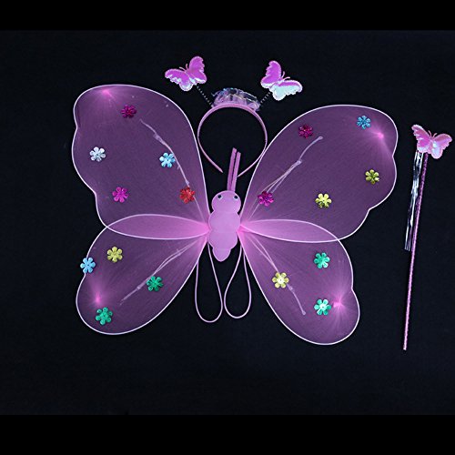Newin Star Vestido de mariposa, luz de mariposa de ala de Ángel de LED brillent en la magia negra con el diadema y la baqueta de varita, disfraz de alas de hada para las niñas