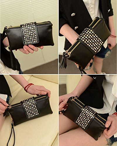 niceEshop(TM) Cuero de la PU de Bling del Remache de la Tarde del Monedero de la Bolsa de Mano, Negro