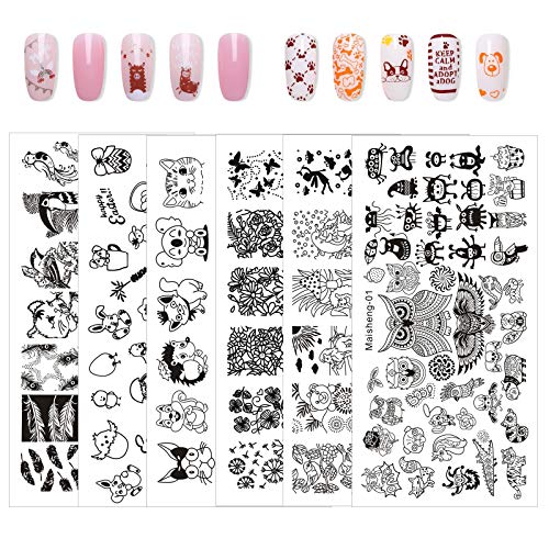 NICENEEDED Kit de Estampado de Arte de Uñas con Tema de Animales con 6 Uds.Placas de Estampado de Uñas para Mujeres Plantilla de Arte de Uñas Plantillas de Conejos Y Pájaros