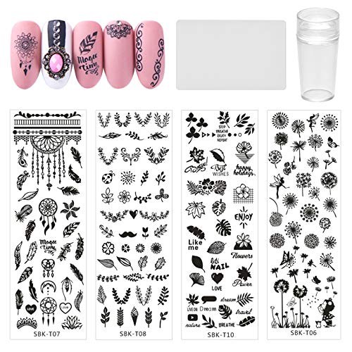 NICENEEDED Nail Art Stamping Kit con 4 Uds, Placas para Uñas, Plantillas de Sellos para Uñas, 1 estampadora de Uñas, 1 raspador de Uñas con Placas de Imagen de Patrones