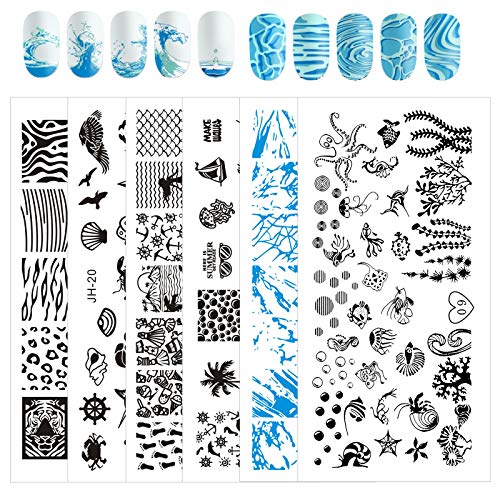 NICENEEDED Ocean Series Theme Nail Art Stamping Kit con 6 piezas de Placas de Estampado de Uñas para Mujeres Juego de Herramientas de Decoración de Uñas Ocean Design Nail Image Polish Template