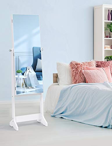 Nicetree Espejo joyero de Pie con Espejo para Joyas. Armario joyero inclinable de Madera con Cerradura. Blanco Grano de Madera. Regalo ideal