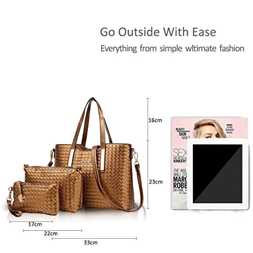 NICOLE & DORIS Bolsos para Mujeres Bolsos de asa Superior Bolso de Hombro para Mujer 3pcs Bolsos del Trabajo, Diario Vida Dorado