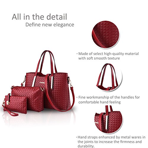 NICOLE & DORIS Bolsos para Mujeres Bolsos de asa Superior Bolso de Hombro para Mujer 3pcs Bolsos del Trabajo, Diario Vida Vino Rojo