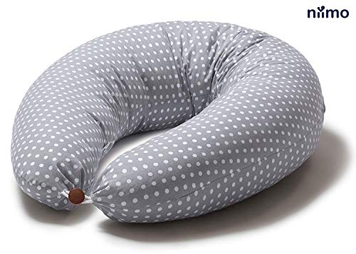 Niimo Cojin Lactancia Bebe y Almohada Embarazada Dormir XXL Multifuncion Funda Cojin 100% Algodon Desenfundable y Lavable Relleno de Poliester Multiusos Maternidad (Gris - Lunares Blancos)