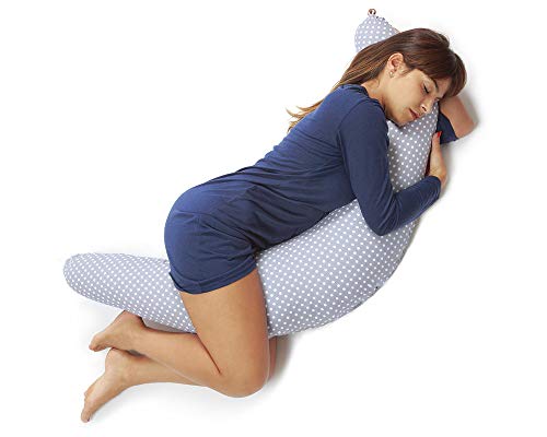 Niimo Cojin Lactancia Bebe y Almohada Embarazada Dormir XXL Multifuncion Funda Cojin 100% Algodon Desenfundable y Lavable Relleno de Poliester Multiusos Maternidad (Gris - Lunares Blancos)