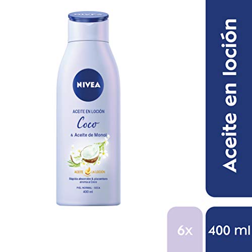 NIVEA Aceite en Loción Coco & Aceite de Monoi, aceite corporal con aroma a coco, loción hidratante de cuidado corporal para piel seca y normal - pack de 6 x 400 ml