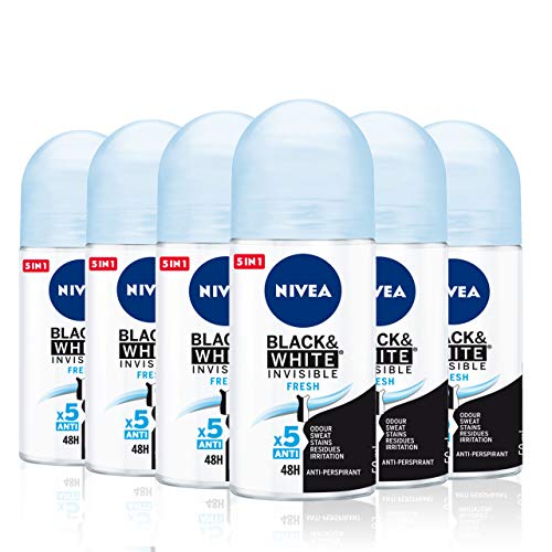NIVEA Black & White Invisible Fresh Roll-on en pack de 6 (6 x 50 ml), desodorante roll on antitranspirante, desodorante sin alcohol con fragancia refrescante