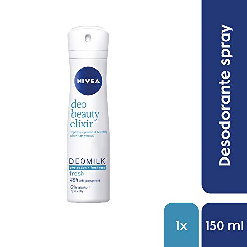 NIVEA DeoMilk Fresh Beauty Elixir Desodorante Spray (1 x 150 ml), desodorante antitranspirante con esencia de leche repara y protege la piel, para una piel suave y fresca