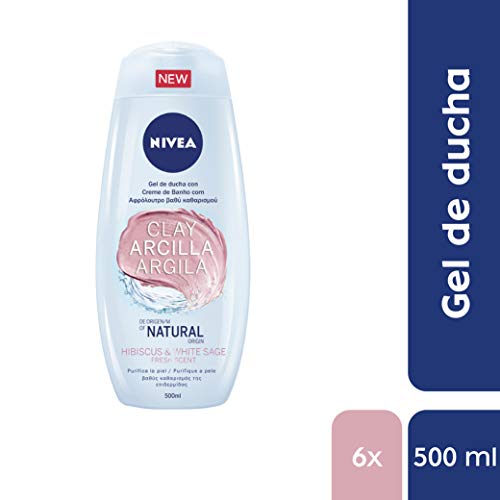 NIVEA Gel de Ducha con Arcilla Hibisco & Salvia blanca en pack de 6 (6 x 500 ml), gel de baño para una limpieza profunda de la piel, gel purificante y refrescante