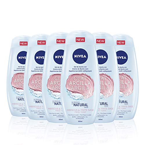 NIVEA Gel de Ducha con Arcilla Hibisco & Salvia blanca en pack de 6 (6 x 500 ml), gel de baño para una limpieza profunda de la piel, gel purificante y refrescante