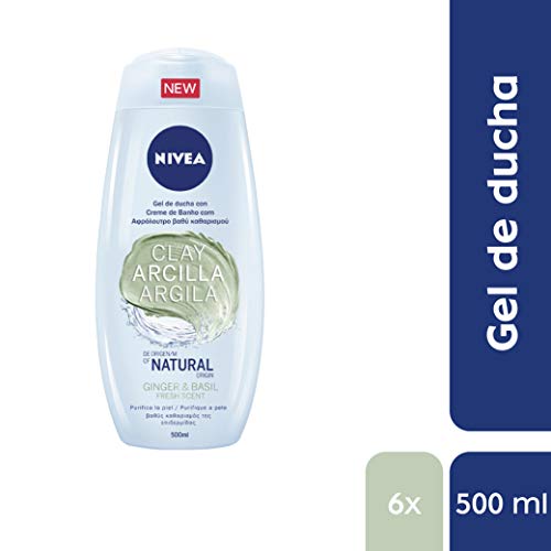 NIVEA Gel de Ducha con Arcilla Jengibre & Albahaca en pack de 6 (6 x 500 ml), gel de baño para una limpieza profunda de la piel, gel purificante y refrescante
